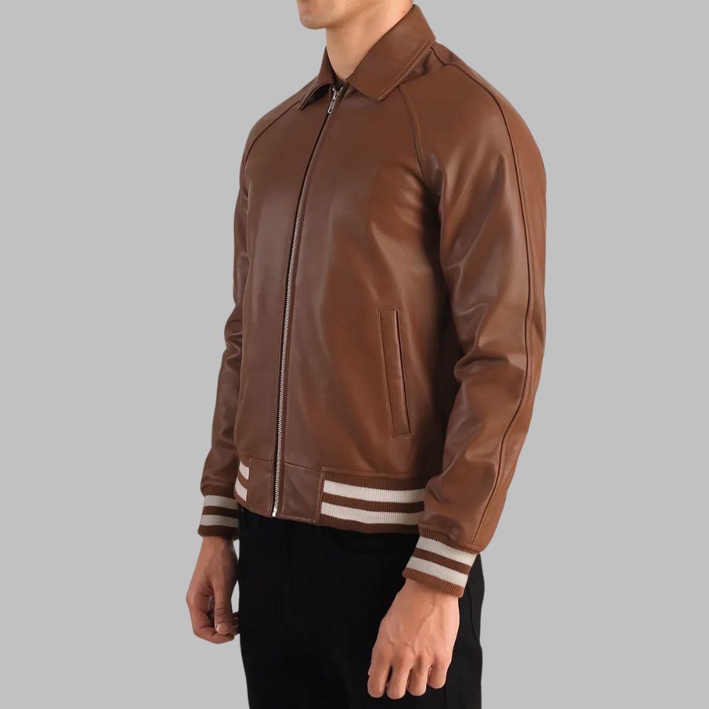 Men’s All-Brown Sheepskin Leather Jacket – Zipper Front with Shirt Collar