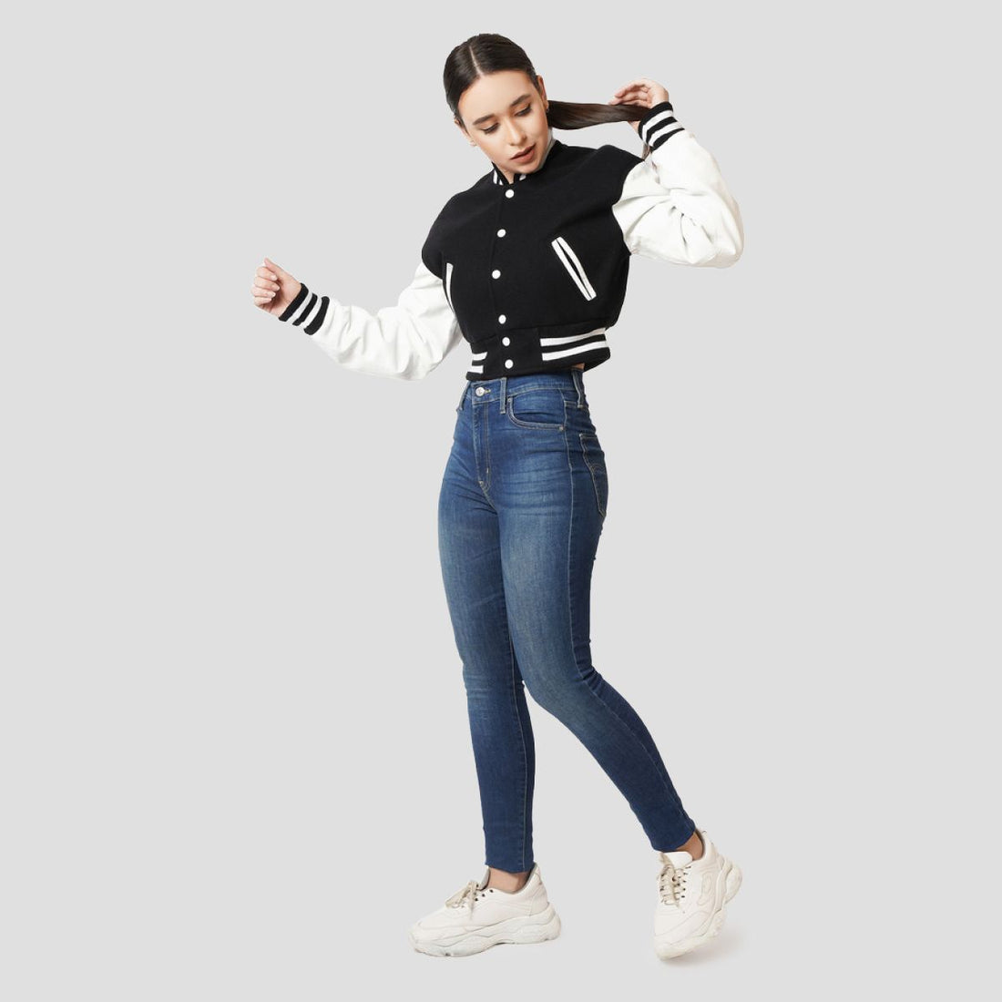 Women’s Cropped Varsity Jacket – Black Wool & White Leather Sleeves