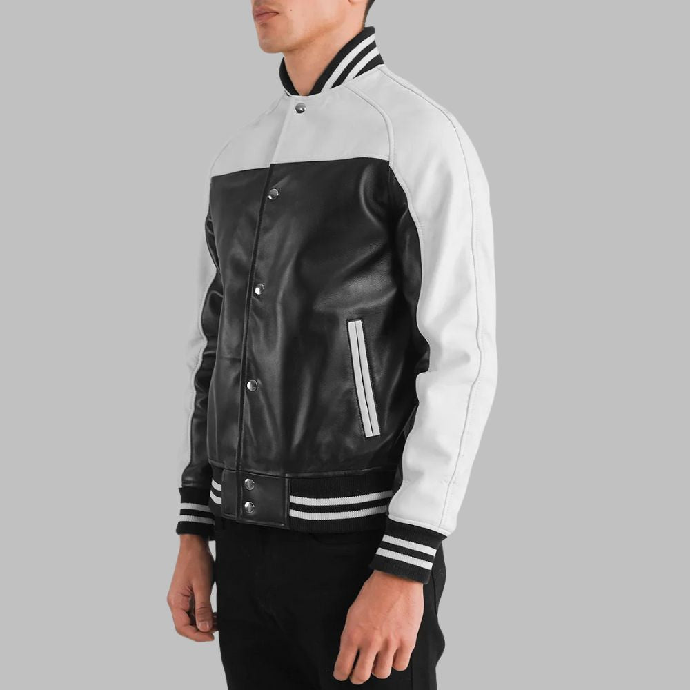 Men’s Black & White Sheepskin Leather Varsity Jacket – Quilted Lining