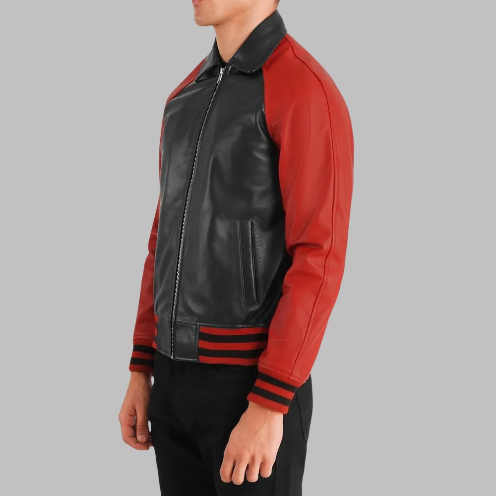 Men’s Black & Red Sheepskin Leather Varsity Jacket – Zipper Front & Shirt Collar