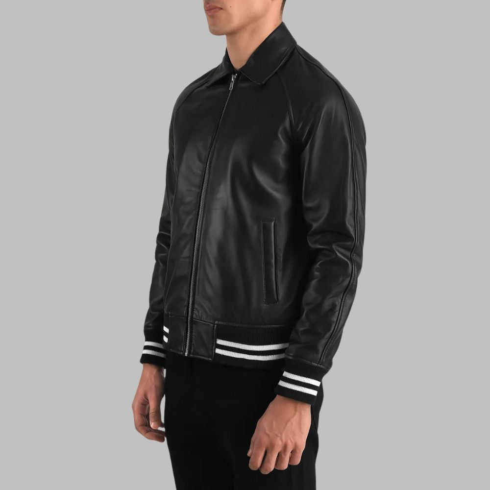Men’s Black Sheepskin Leather Bomber Jacket – Striped Trim Classic