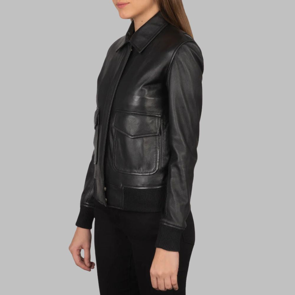 Women’s Black Sheepskin Leather Bomber Jacket with Button Flap & Rib Cuffs