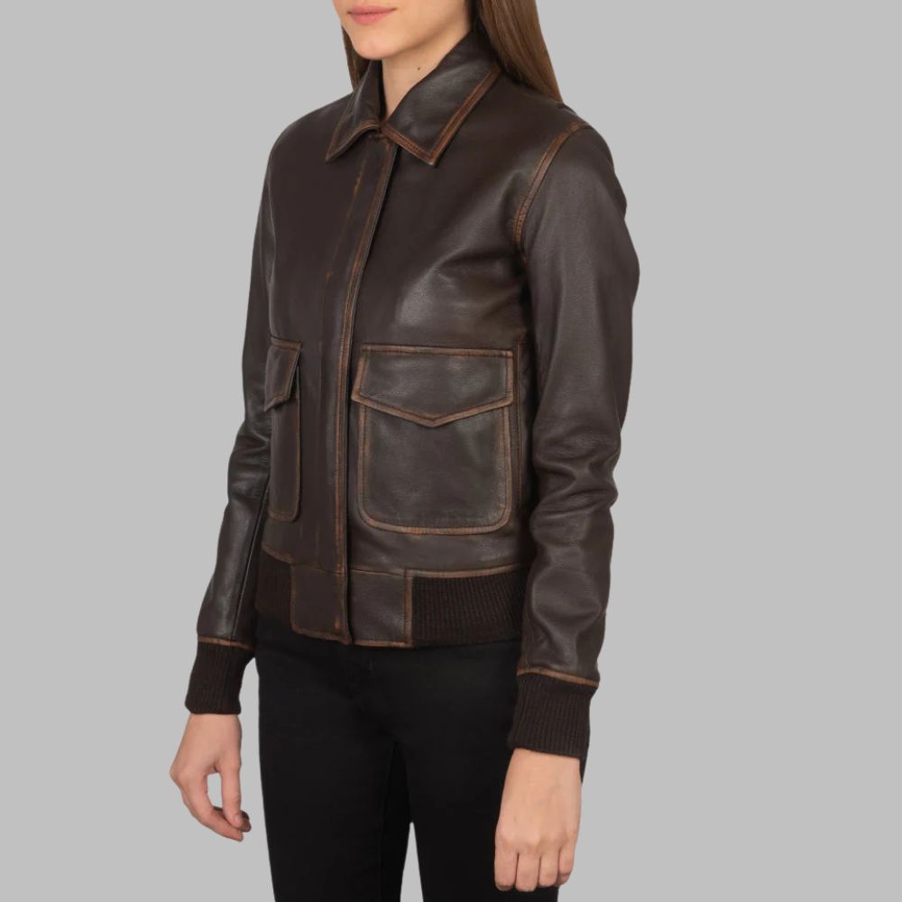 Women’s Brown Goatskin Rub-Off Leather Bomber Jacket with Button Flap