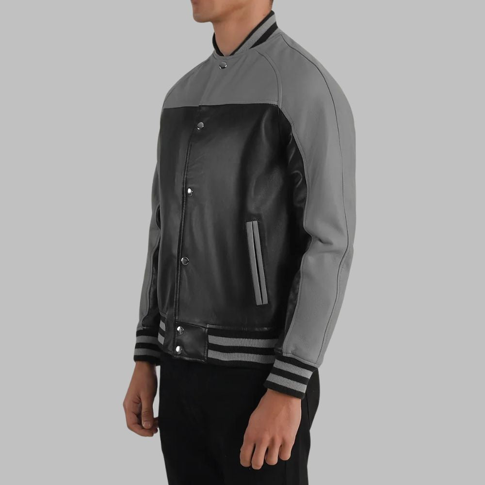 Men’s Black & Grey Sheepskin Leather Varsity Jacket – Quilted Lining