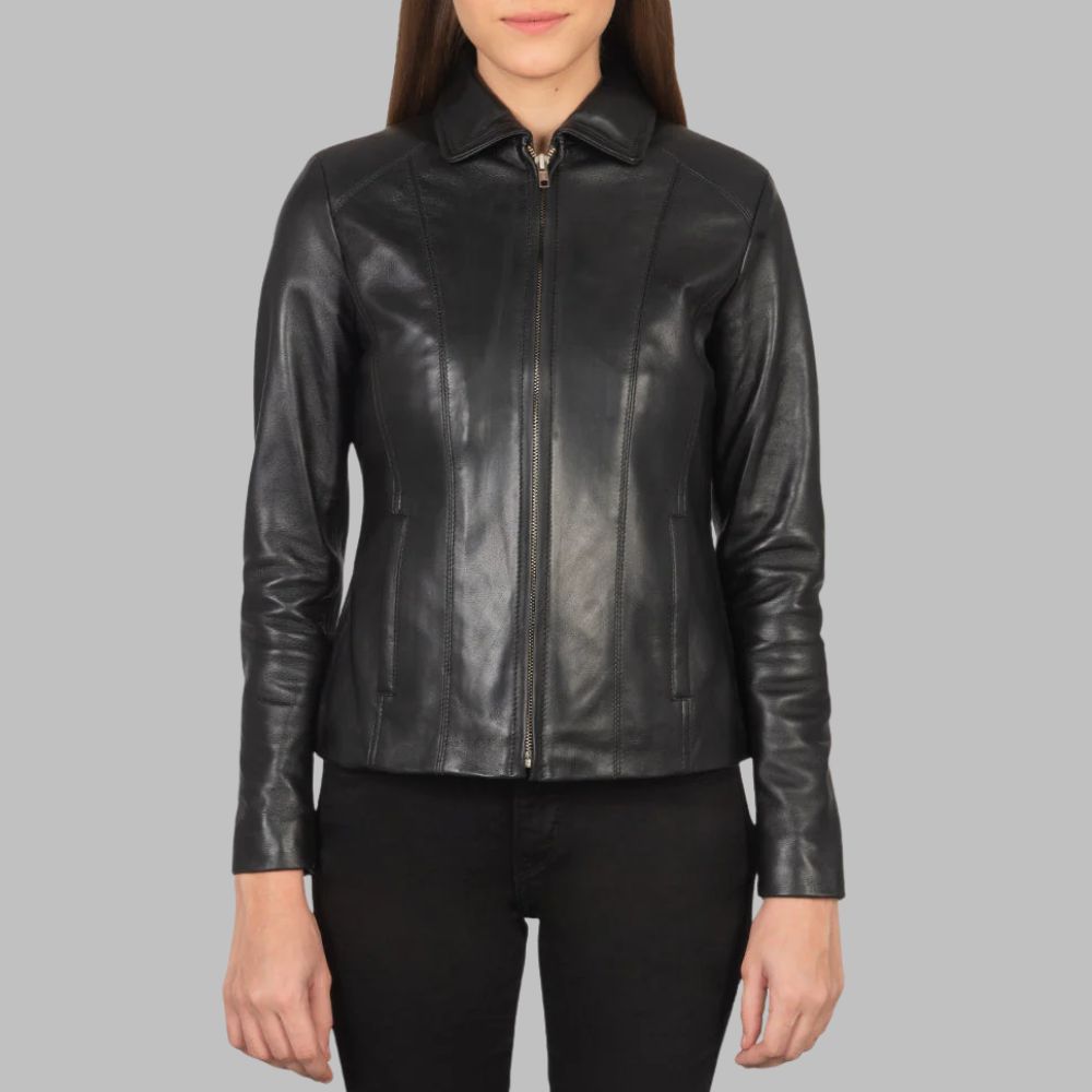 Women’s Black Leather Jacket – Real Sheepskin with Shirt Collar & Zipper