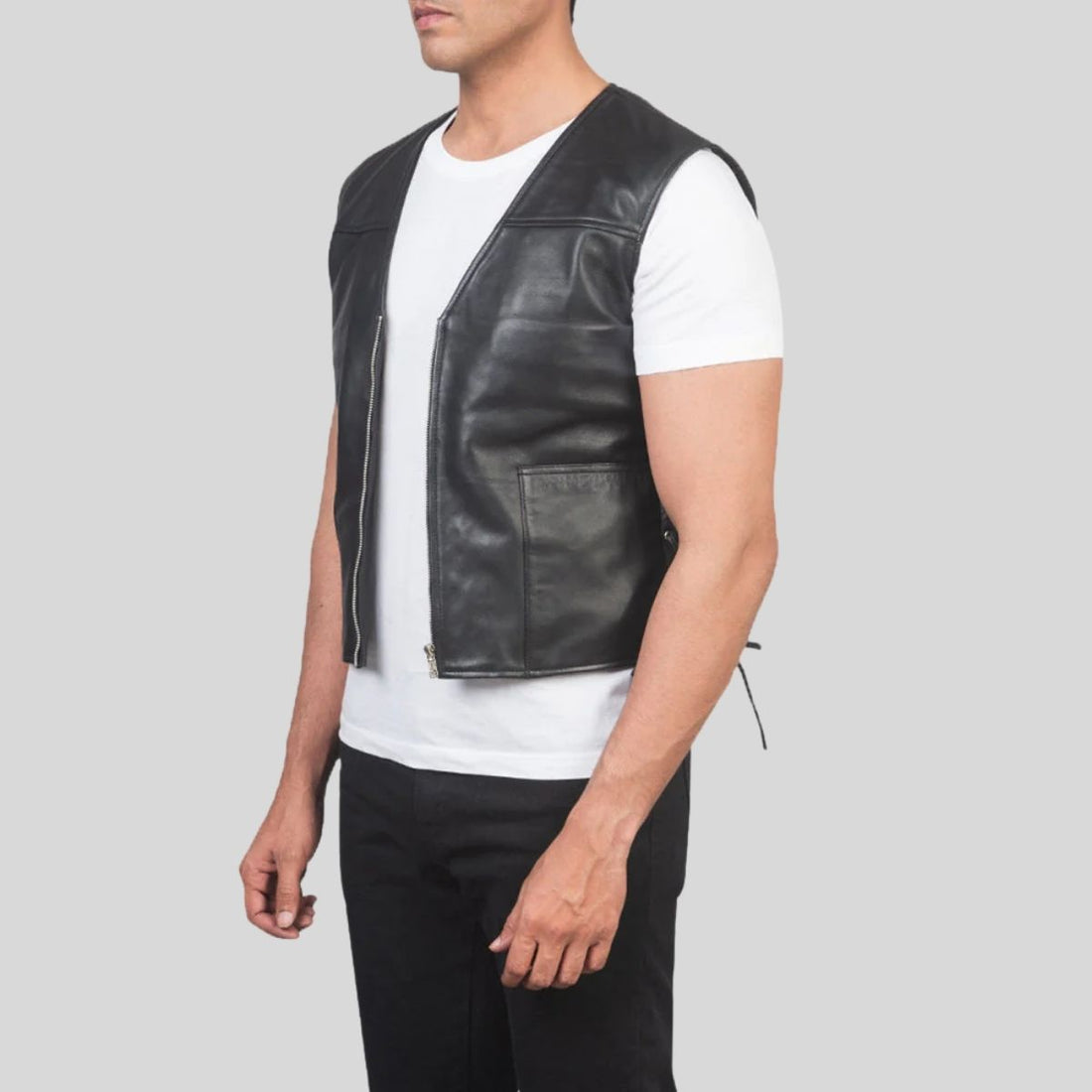 Men’s Black Leather Biker Vest with Side Lace Adjustments – Real Cowhide