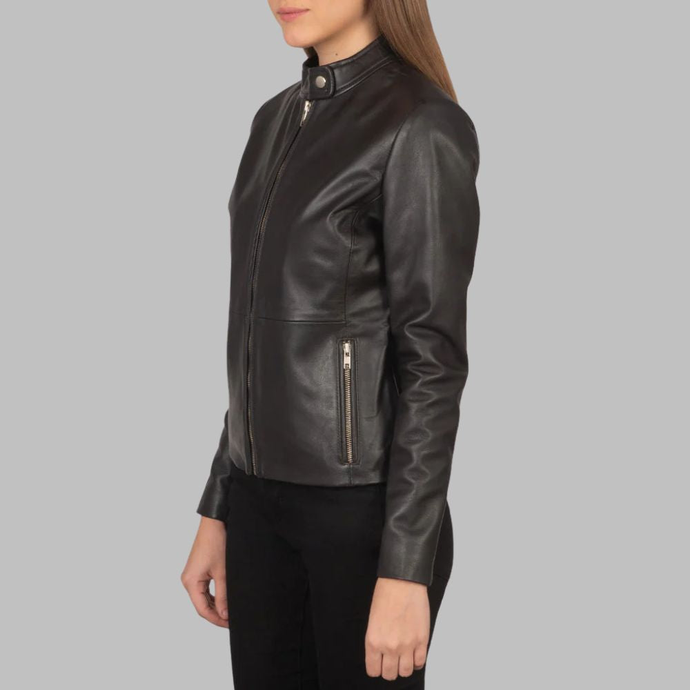 Women’s Brown Sheepskin Leather Biker Jacket with Snap Collar & Zipper Pockets