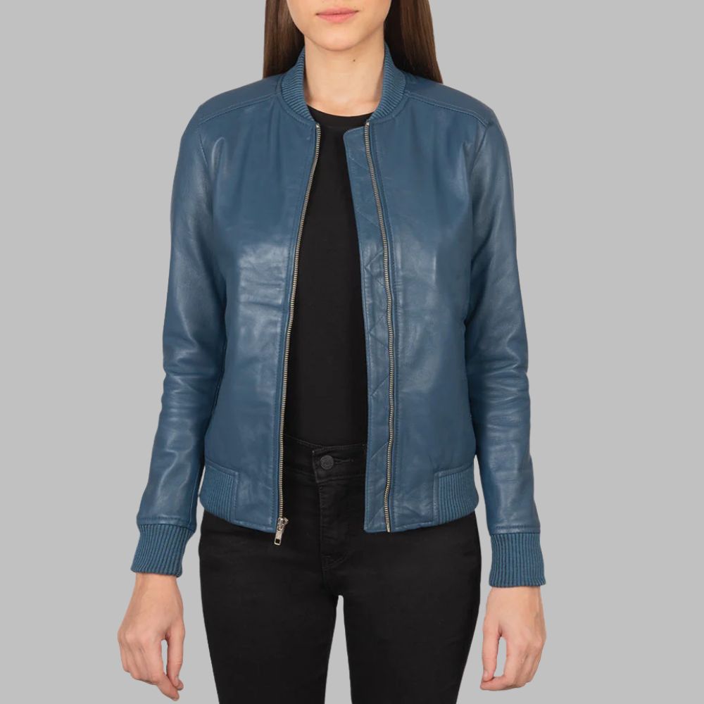 Women’s Blue Varsity Jacket – Real Sheepskin Leather with Wind Flap & Quilted Lining