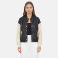 Women’s black and beige leather varsity jacket with snap button front