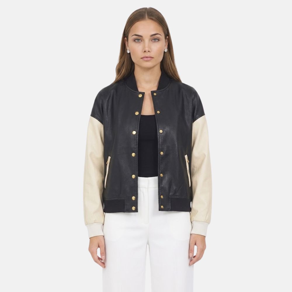 Women’s black and beige leather varsity jacket with snap button front