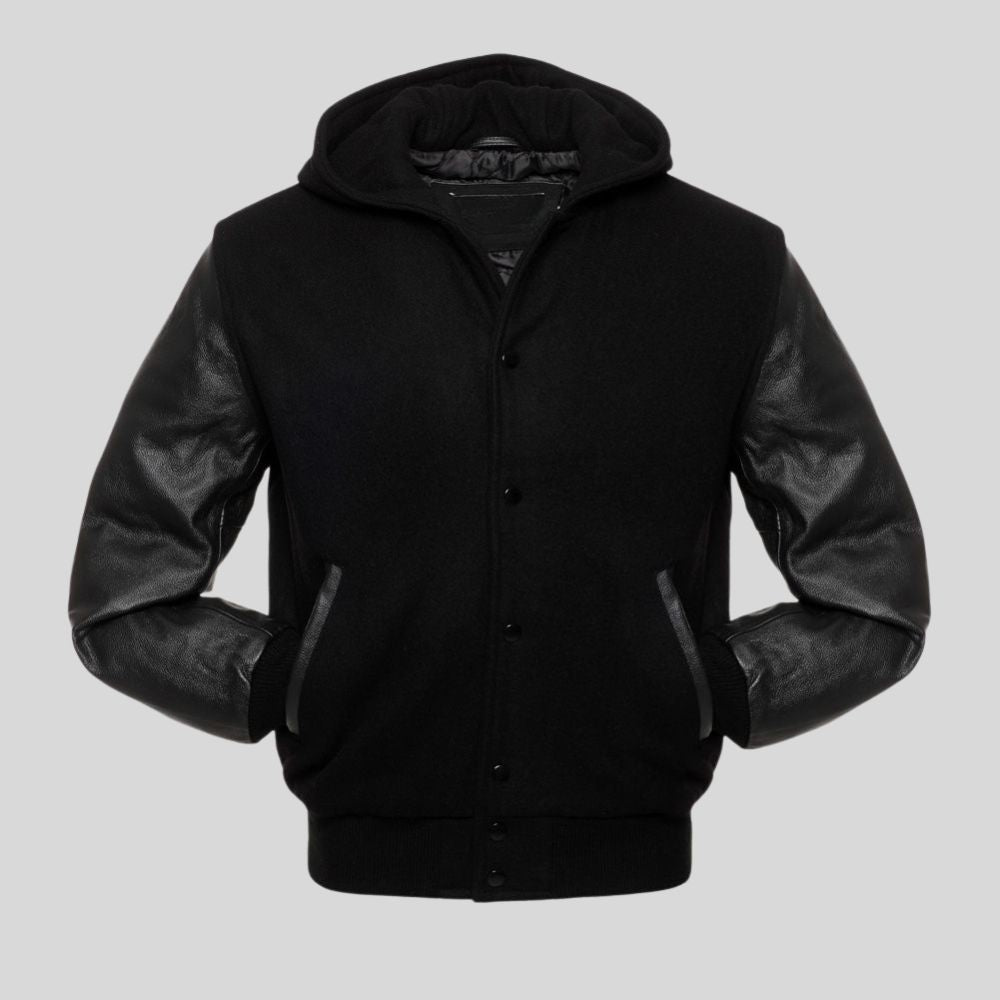 Men’s Varsity Jacket – All Black with Hood (Wool & Leather)