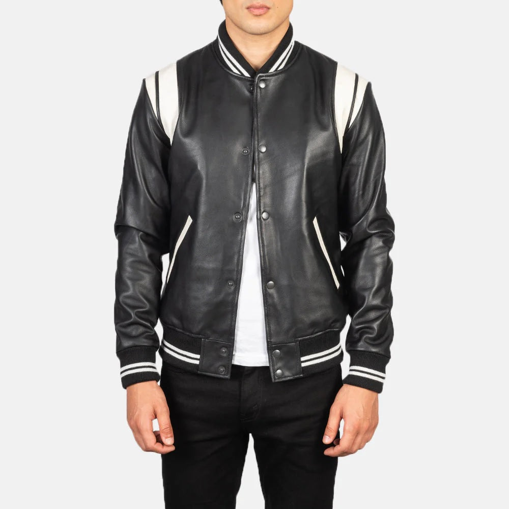 Men’s All-Leather Varsity Jacket – Black Cowhide with White Accents