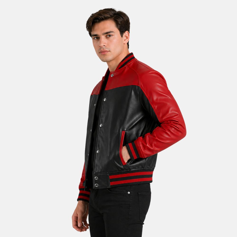 Man wearing a red and black leather jacket on a white background