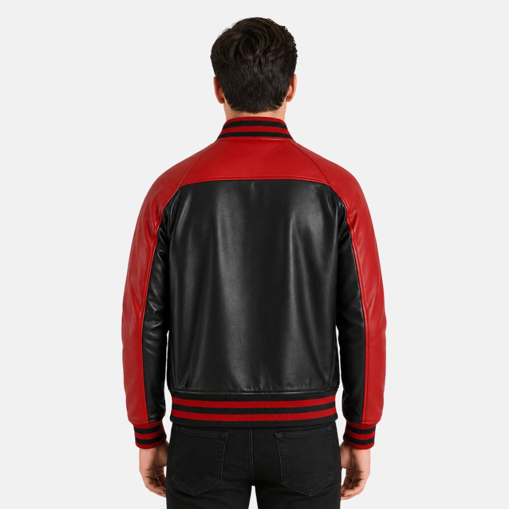 Red and black leather jacket worn by a person on a white background
