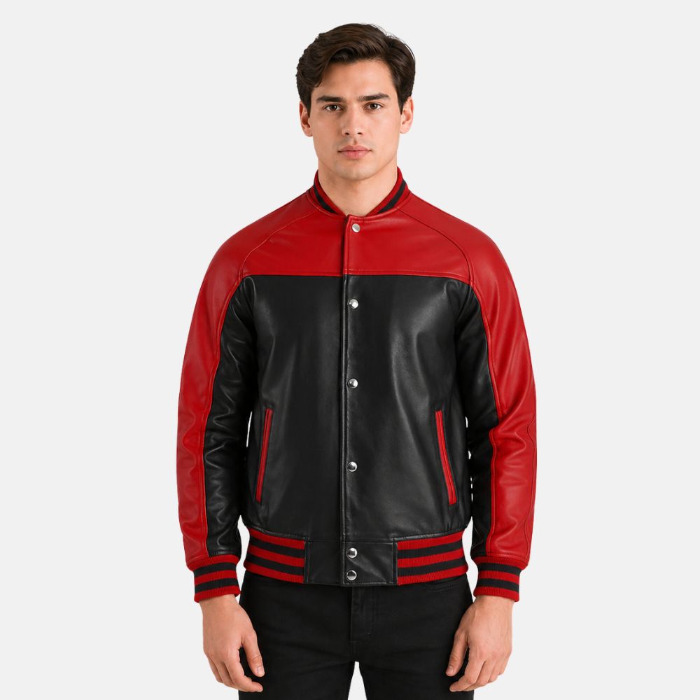 Man wearing a red and black leather jacket on a white background