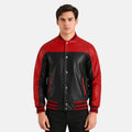 Man wearing a red and black leather jacket on a white background