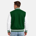 Back view of Kelly green wool varsity jacket with white leather sleeves and striped varsity ribbed waistband and cuffs.