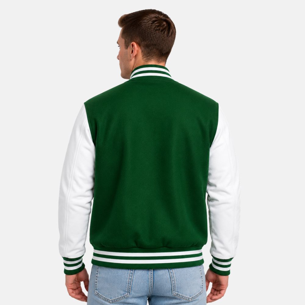 Back view of Kelly green wool varsity jacket with white leather sleeves and striped varsity ribbed waistband and cuffs.