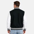 Back view of Dartmouth green wool varsity jacket featuring white leather sleeves and ribbed striped waistband.