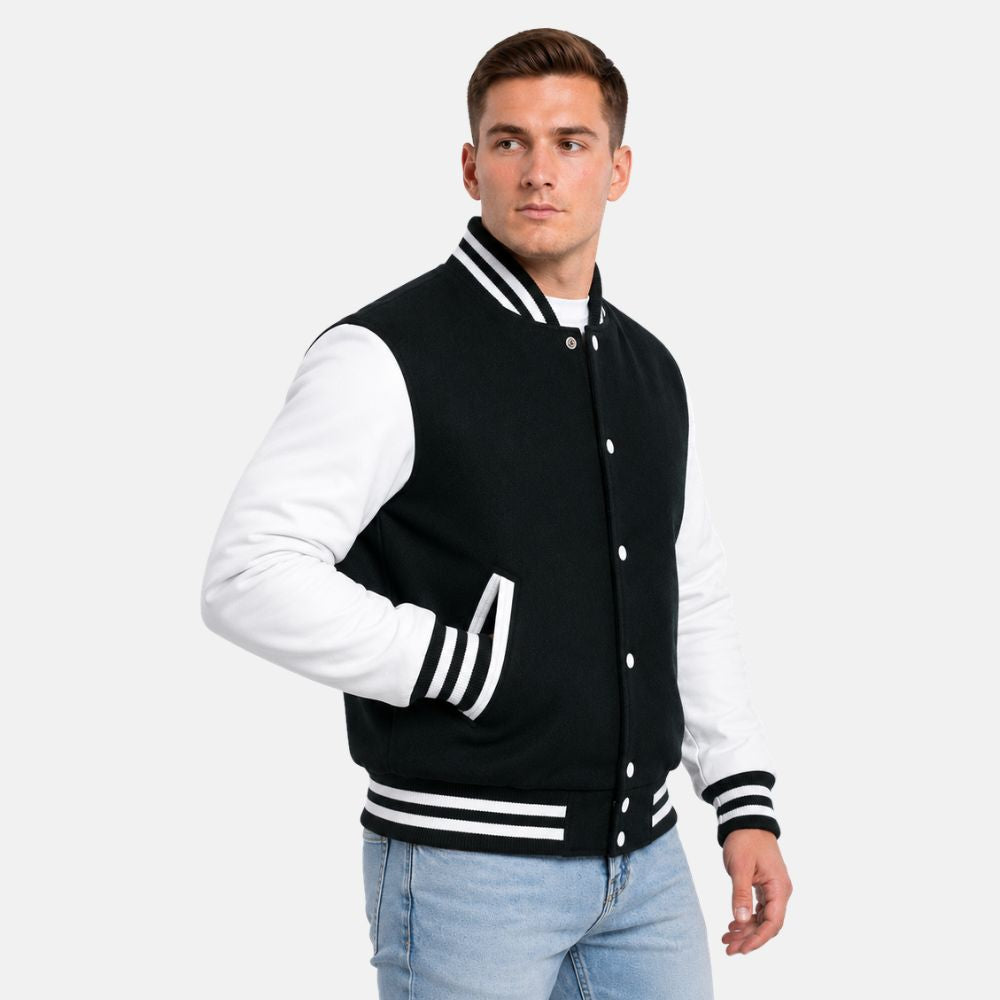 Men’s Dartmouth green wool letterman jacket with white leather sleeves and striped varsity ribbed trims.
