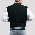 Premium Dartmouth green letterman jacket with wool body and white leather sleeves, perfect for refined varsity fashion