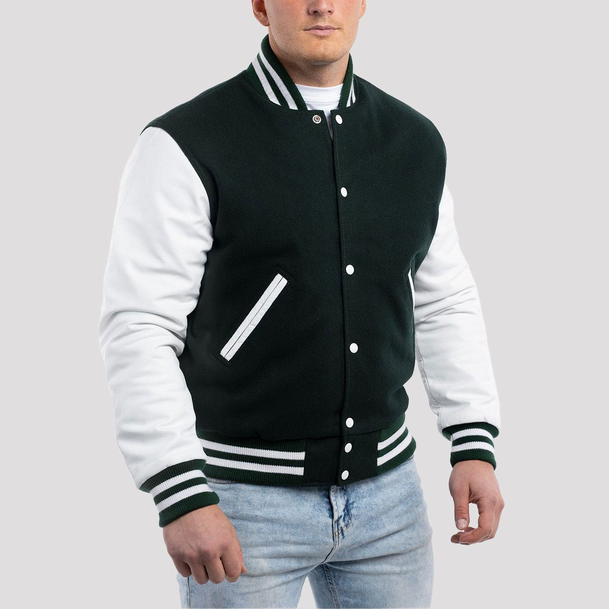 Premium fit Dartmouth green wool letterman jacket with white leather sleeves, offering a classic varsity style