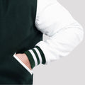 Men's letterman jacket in Dartmouth green wool with luxurious white leather sleeves, designed for a premium fit