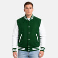 Men wearing a Kelly green wool varsity jacket with white leather sleeves and striped ribbed trims on a light gray background.