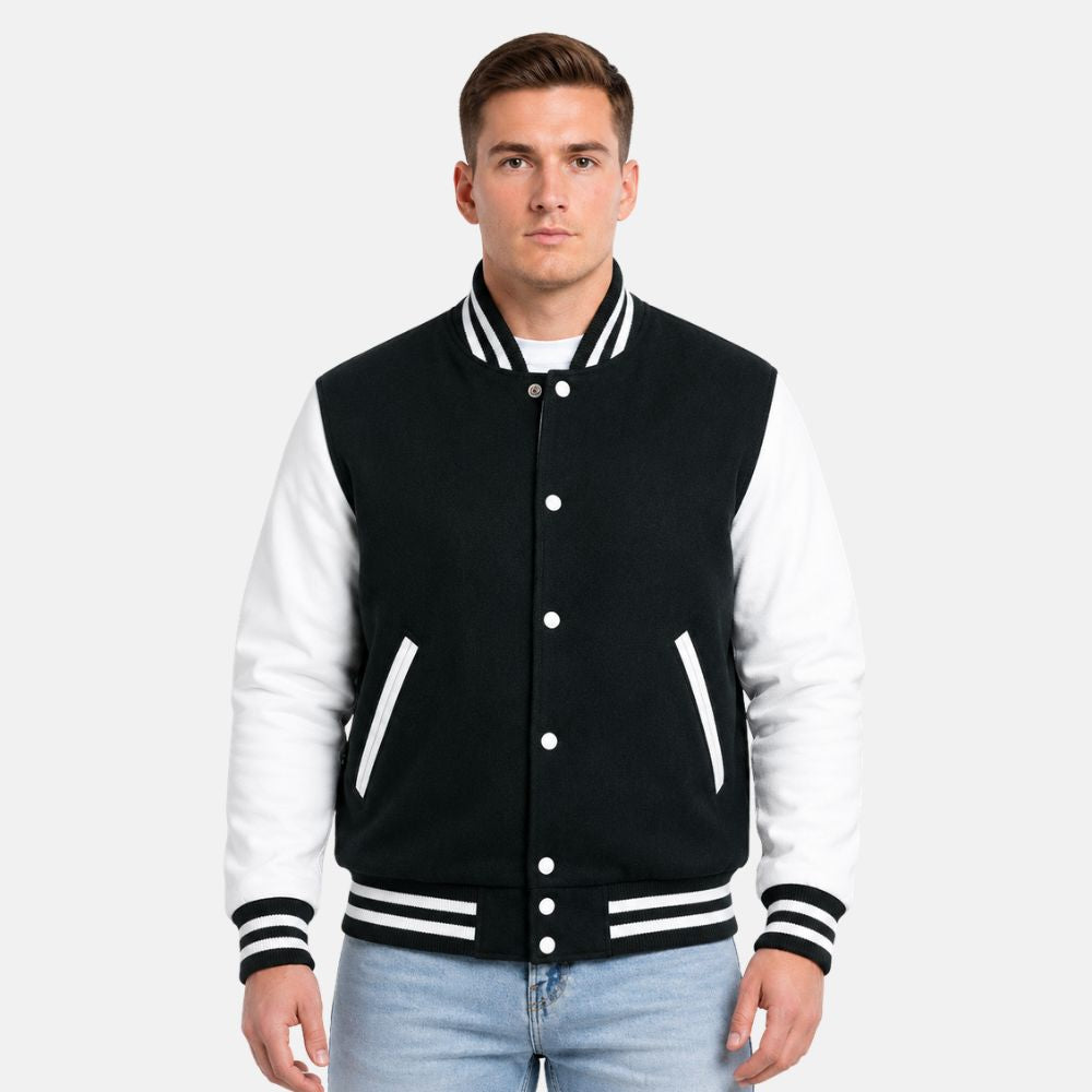 Men’s Dartmouth green wool letterman jacket with white leather sleeves and striped varsity ribbed trims.