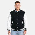 Men’s Dartmouth green wool letterman jacket with white leather sleeves and striped varsity ribbed trims.