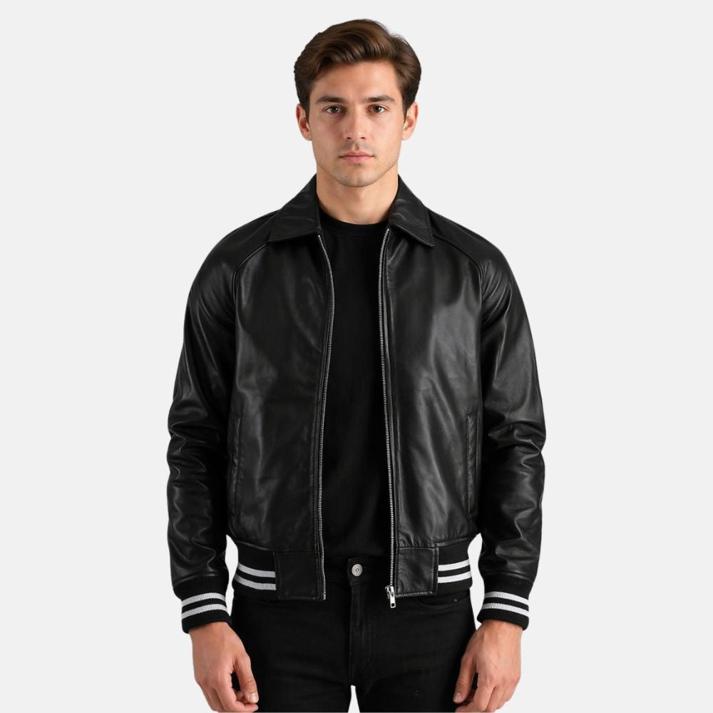 Man wearing a black leather jacket with white stripes on a white background