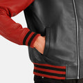 Black leather jacket with red and black striped sleeves on a white background