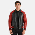 Man wearing a black and red leather jacket on a white background