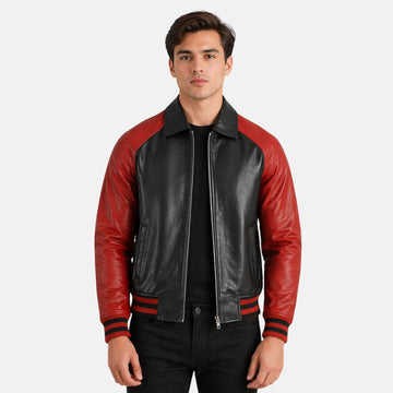 Man wearing a black and red leather jacket on a white background
