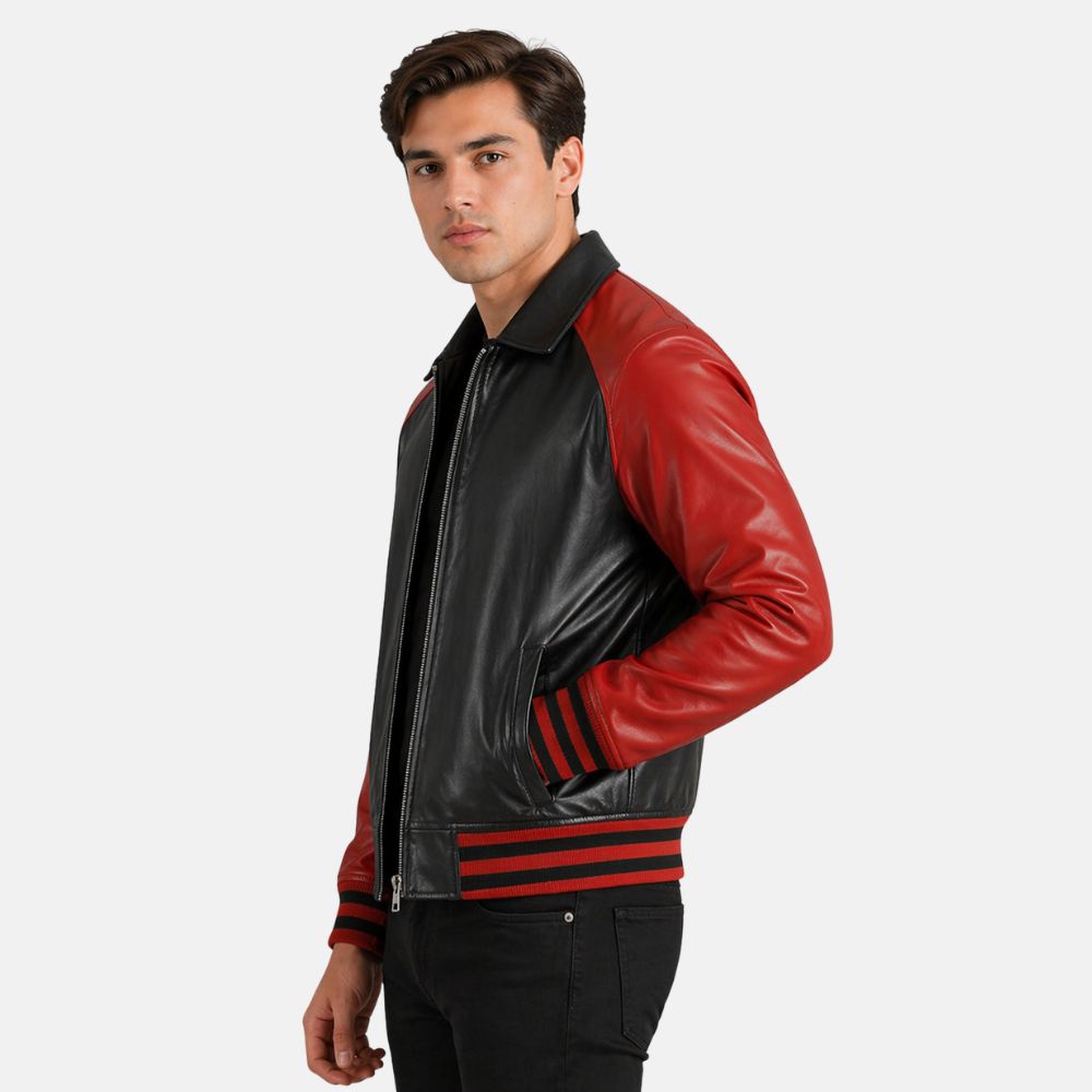 Man wearing a black and red leather jacket on a white background