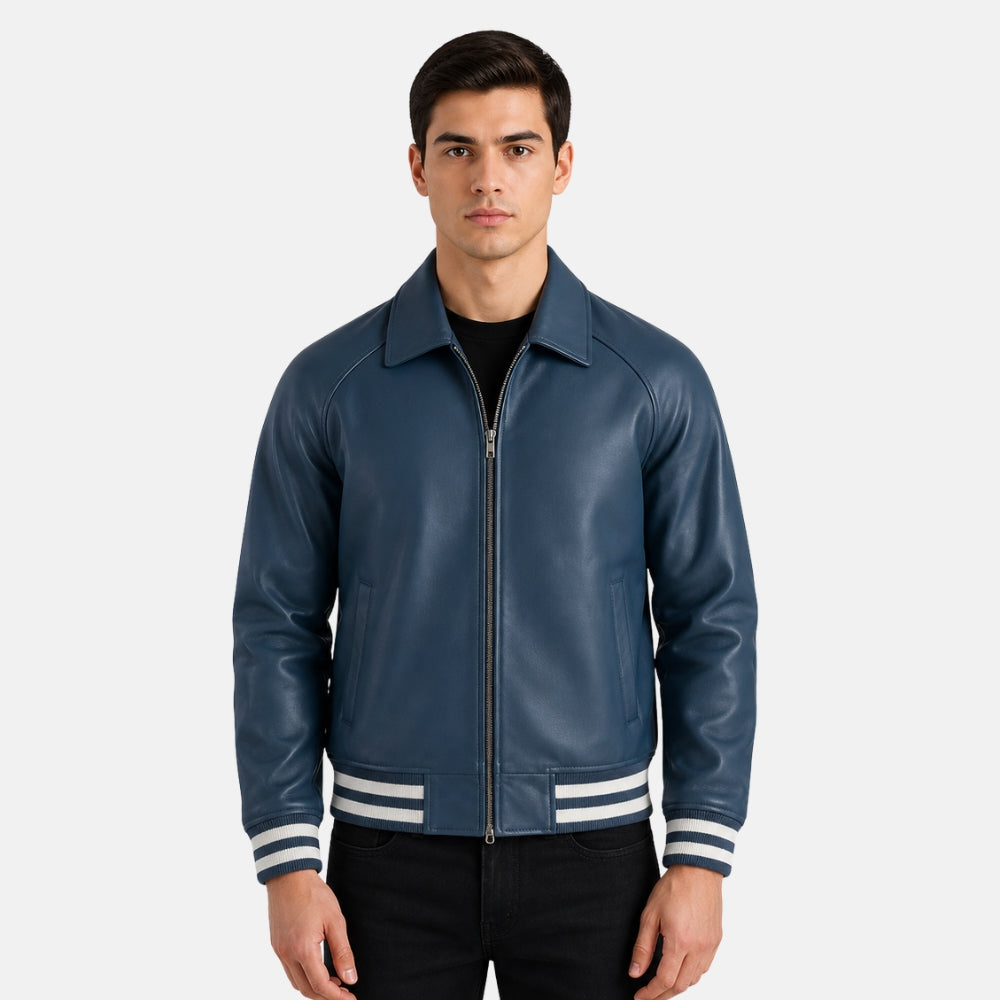 Man wearing a blue leather jacket with white stripes on a white background