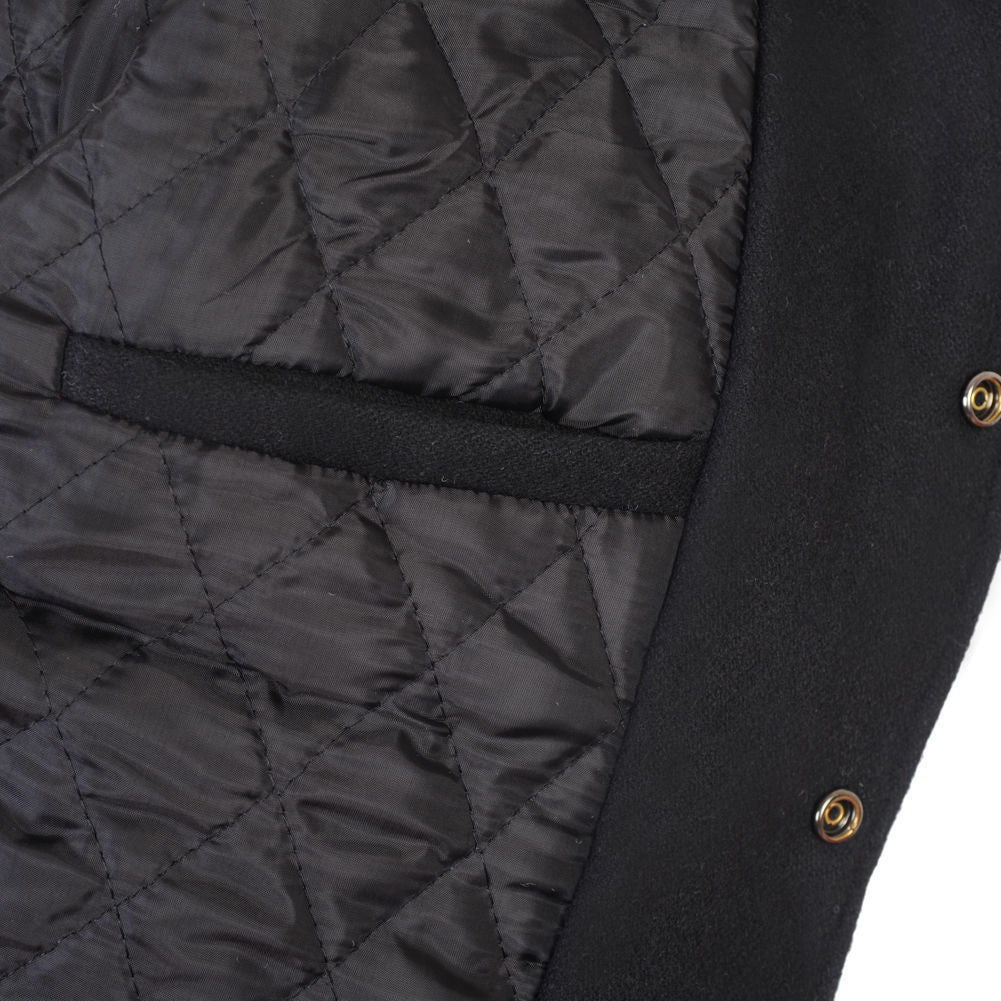 Close-up of a black quilted jacket with a gold button on a white background
