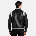 Black leather jacket with white stripes on a plain background
