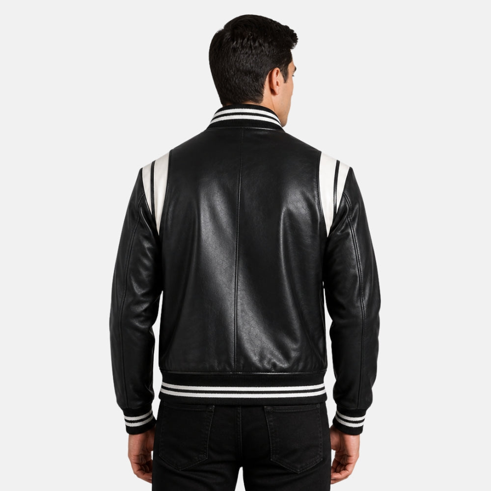 Black leather jacket with white stripes on a plain background