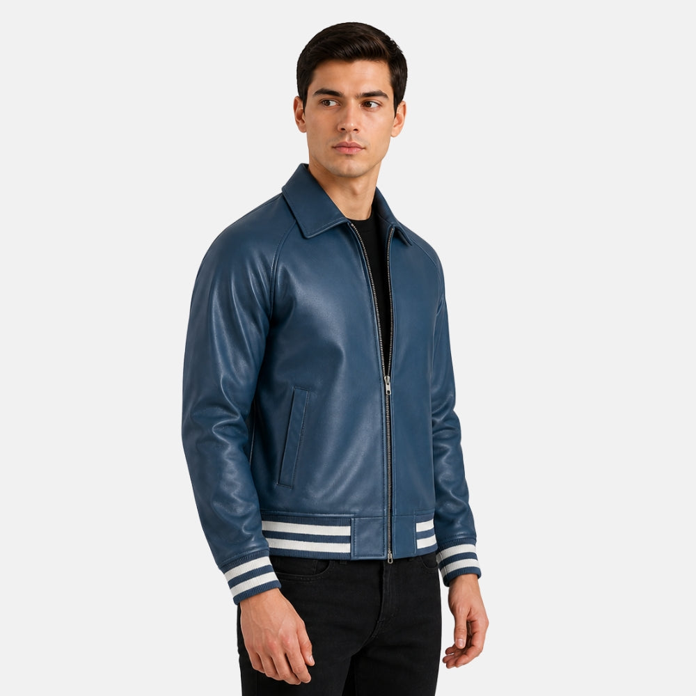 Man wearing a blue leather jacket with white stripes on a light gray background