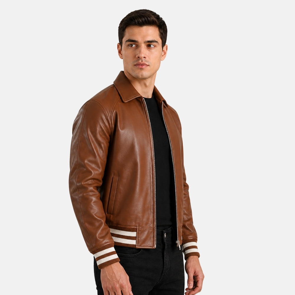 Man wearing a brown leather jacket with white trim on a white background