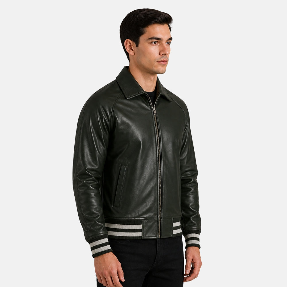 Man wearing a black leather jacket with white stripes on a light gray background
