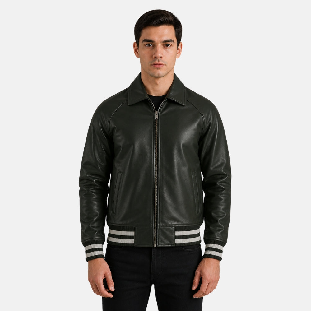 Man wearing a black leather jacket with white stripes on a gray background