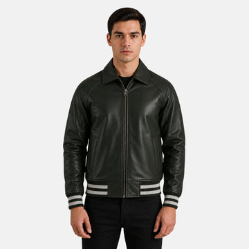 Man wearing a black leather jacket with white stripes on a gray background