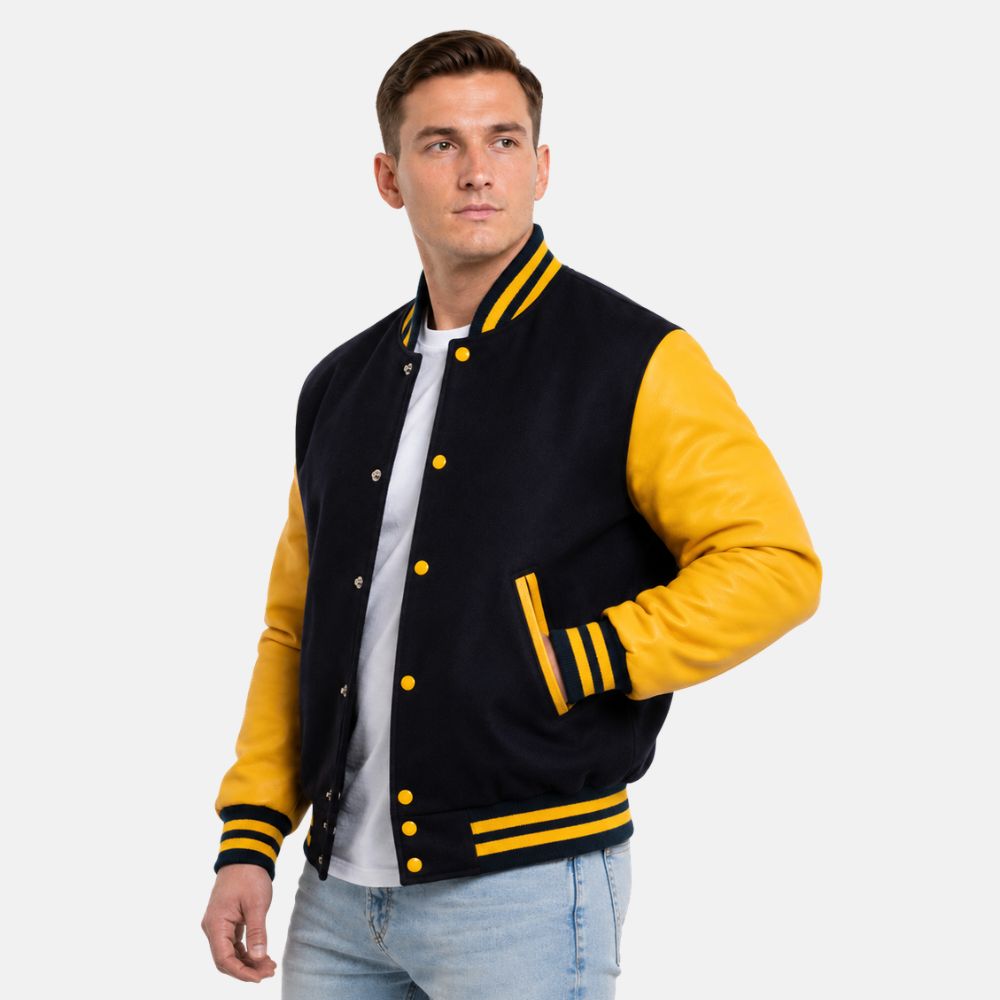 Men’s navy blue wool letterman jacket with lemon yellow leather sleeves and striped varsity ribbed trims.