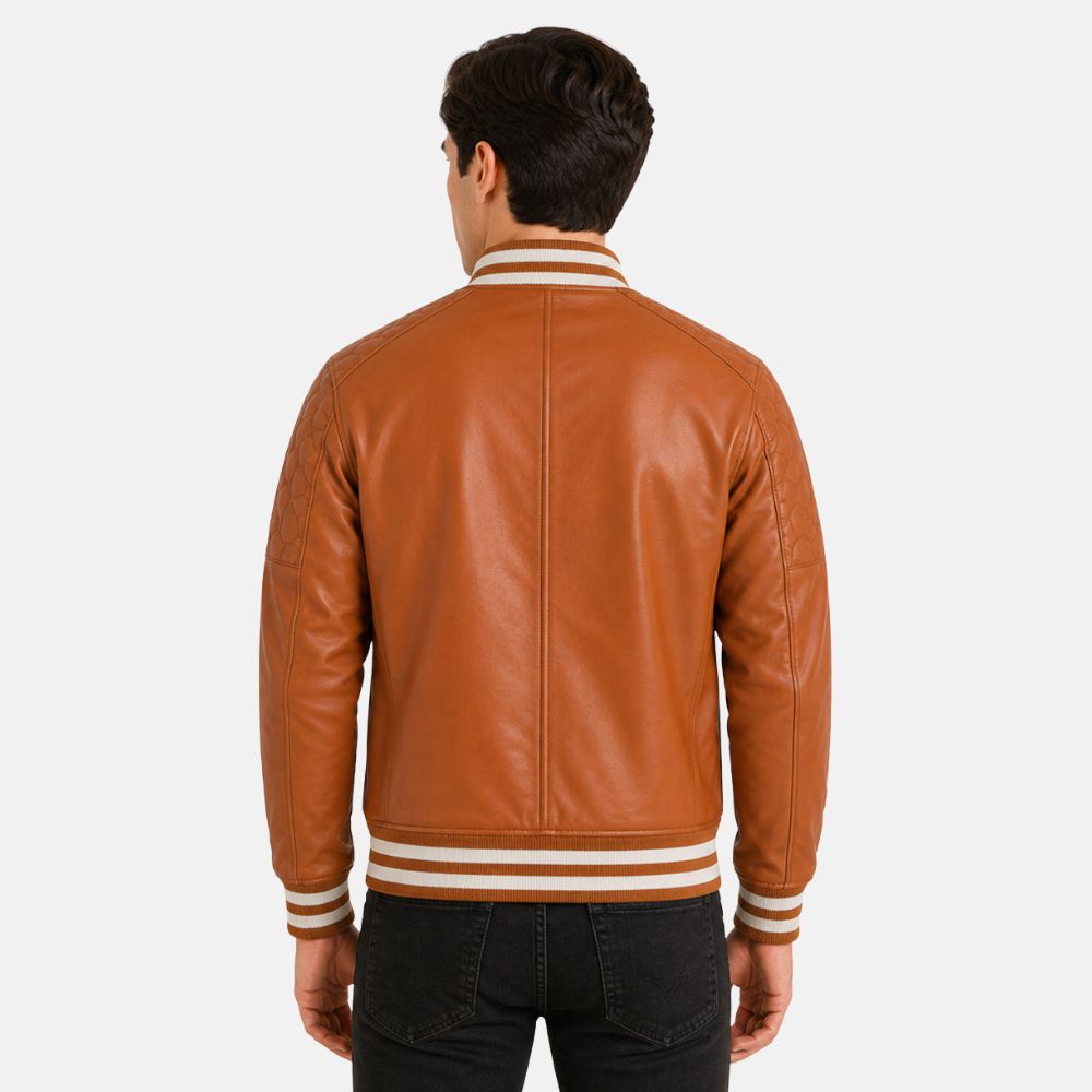 Man wearing a brown leather jacket with white stripes on a white background