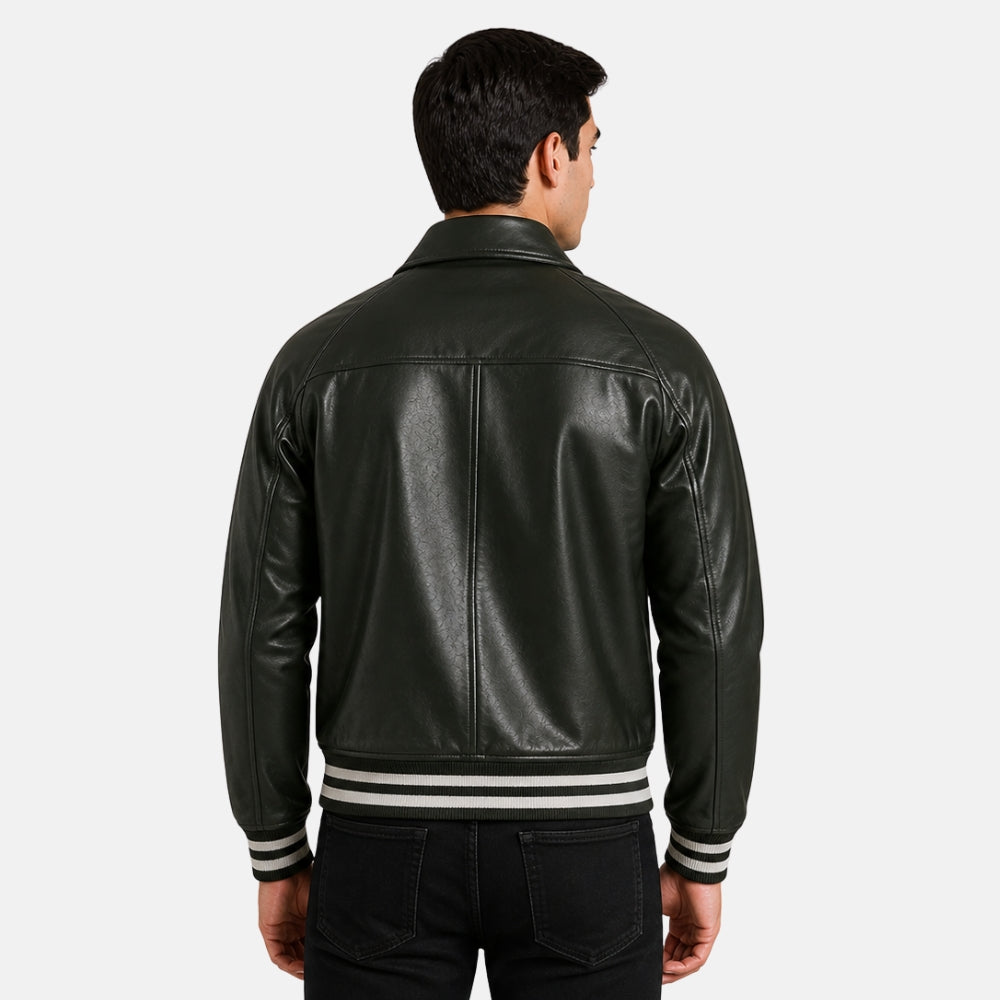 Man wearing a black leather jacket with white stripes on a white background