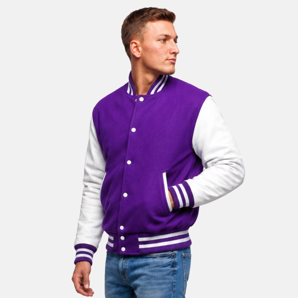 Men’s purple wool letterman jacket with white leather sleeves and striped varsity ribbed trims.