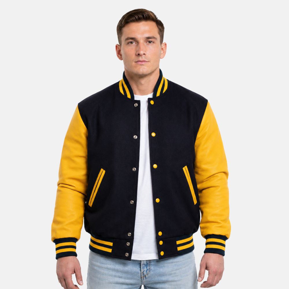 Men’s navy blue wool letterman jacket with lemon yellow leather sleeves and striped varsity ribbed trims.