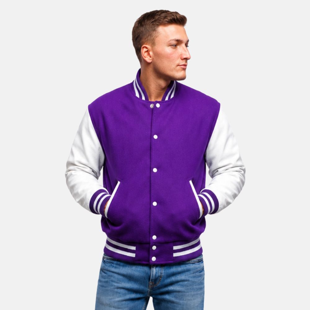 Men’s purple wool letterman jacket with white leather sleeves and striped varsity ribbed trims.